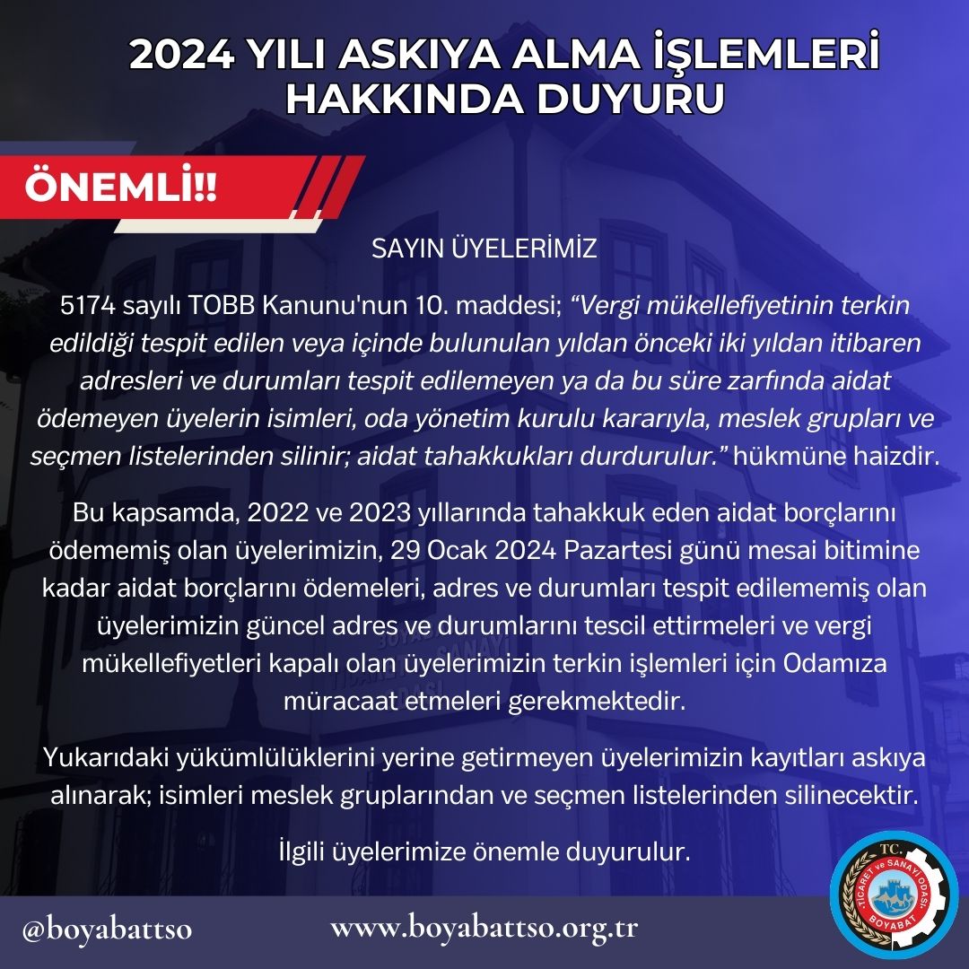 2024 Yılı Askıya Alma İşlemleri Hakkında Duyuru