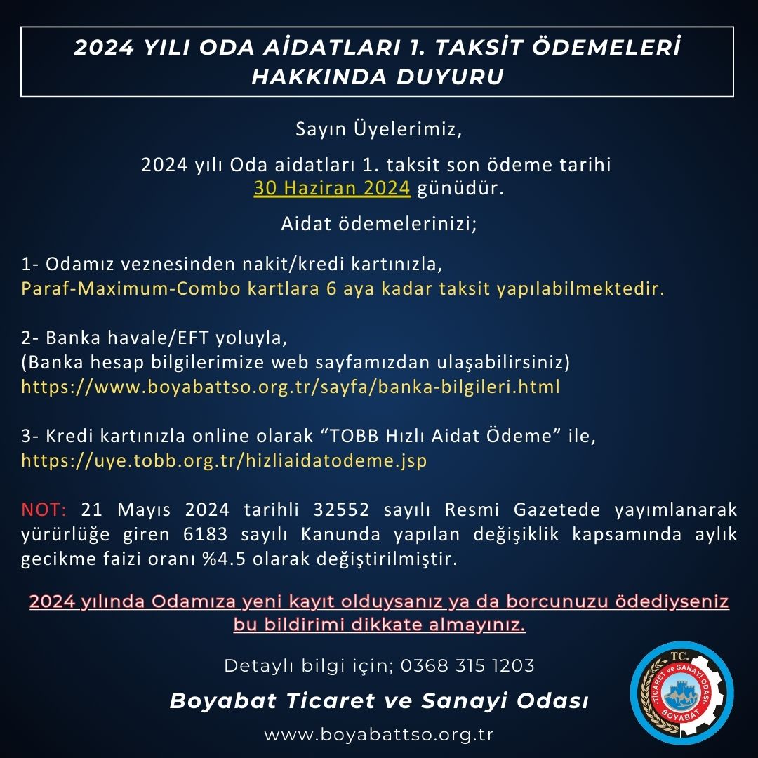 2024 Yılı Oda Aidatları 1. Taksitlerinin Son Ödeme Tarihileri Hakkında Duyuru