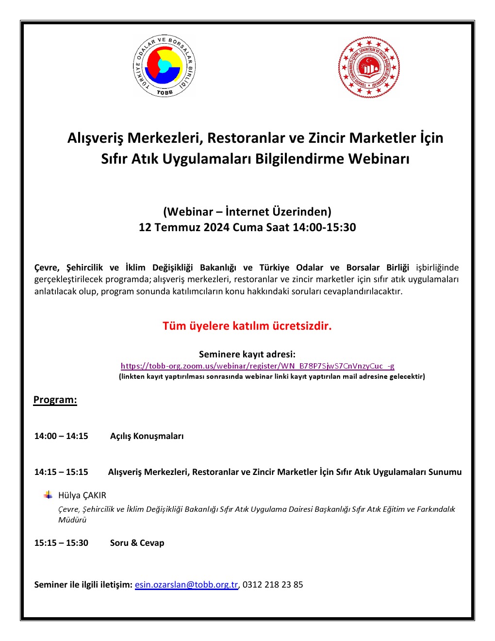 Alışveriş Merkezleri, Restoranlar ve Zincir Marketler İçin Sıfır Atık Uygulamaları Bilgilendirme Webinarı