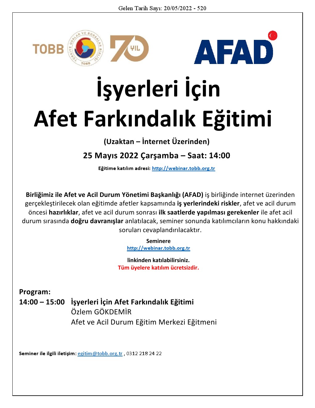 İşyerleri İçin Afet Farkındalık Eğitimi (25 Mayıs 2022)
