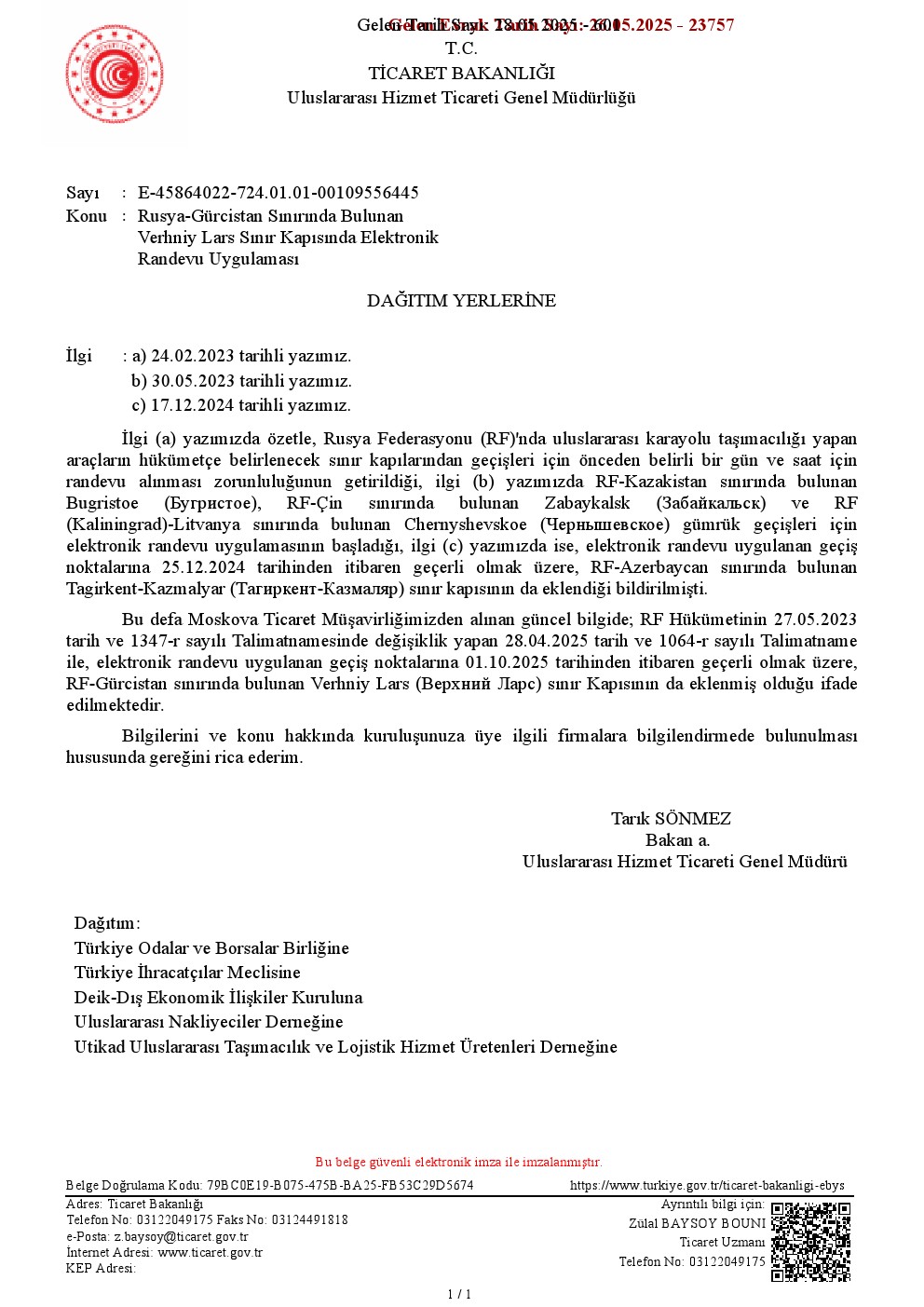 Rusya-Gürcistan Sınırında Bulunan Verhniy Lars Sınır Kapısında Elektronik Randevu Uygulaması