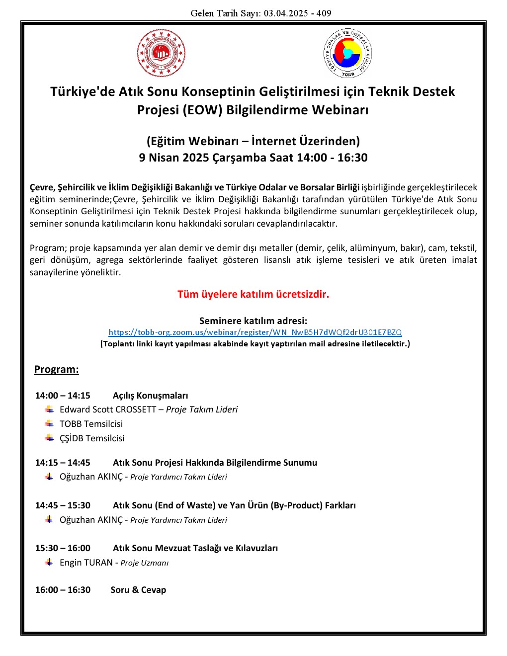 Türkiye'de Atık Sonu Konseptinin Geliştirilmesi için Teknik Destek Projesi Bilgilendirme Webinarı