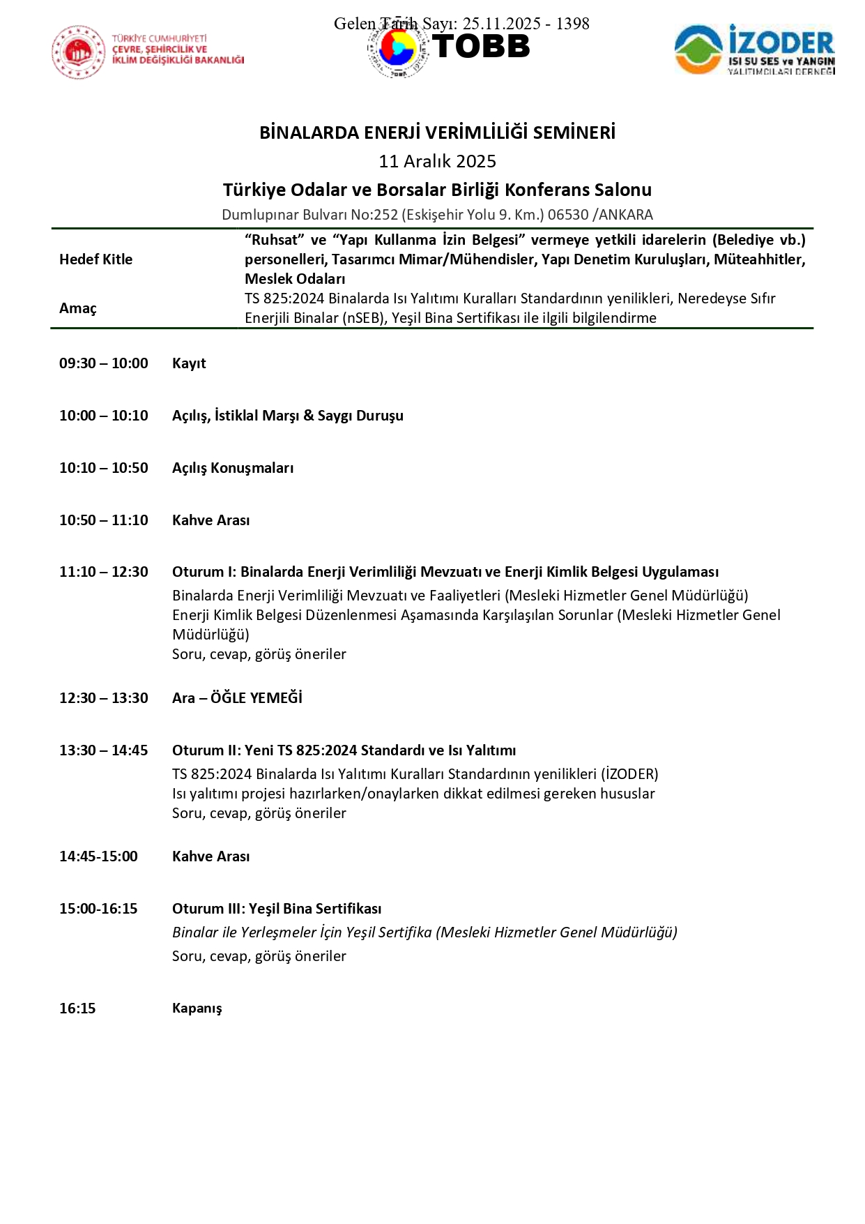 Binalarda Yalıtım Uygulamaları ve İyi Uygulama Kurallarına İlişkin Farkındalığın Artırılması Semineri